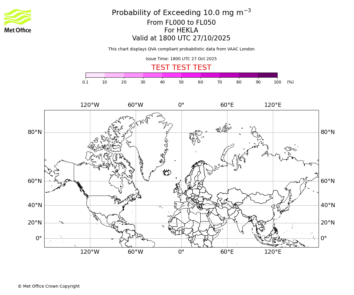 Probability of exceeding 10.0 milligrams per metre cubed. From 000 to 050 for HEKLA. Valid at 1800 UTC 27/10/2025