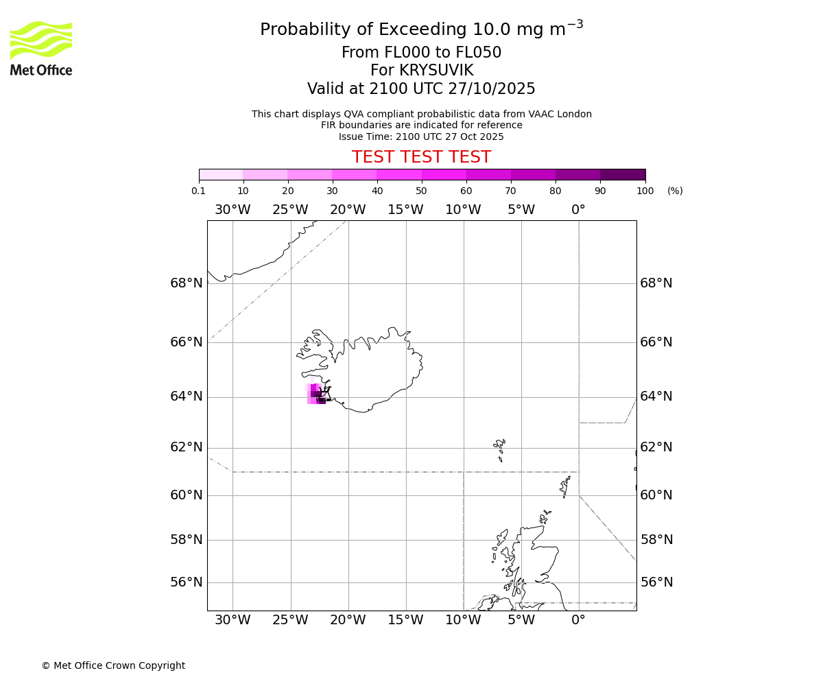 Probability of exceeding 10.0 milligrams per metre cubed. From 000 to 050 for KRYSUVIK. Valid at 2100 UTC 27/10/2025
