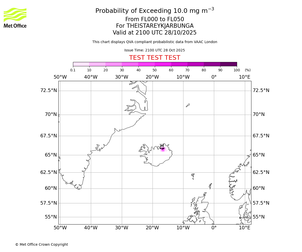 Probability of exceeding 10.0 milligrams per metre cubed. From 000 to 050 for THEISTAREYKJARBUNGA. Valid at 2100 UTC 28/10/2025