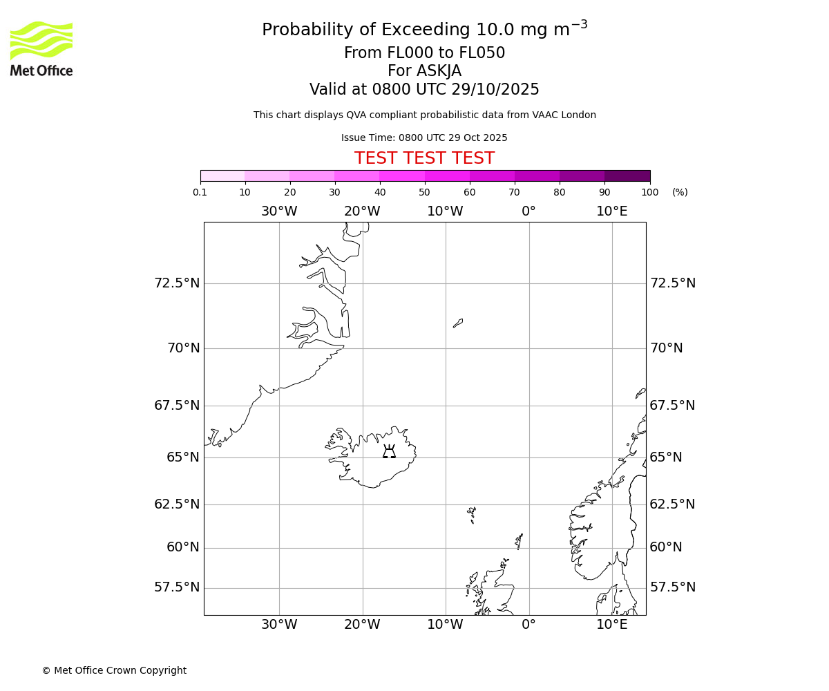 Probability of exceeding 10.0 milligrams per metre cubed. From 000 to 050 for ASKJA. Valid at 0800 UTC 29/10/2025