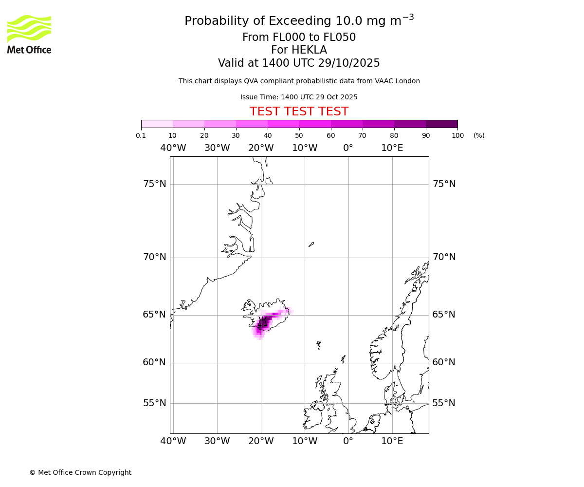 Probability of exceeding 10.0 milligrams per metre cubed. From 000 to 050 for HEKLA. Valid at 1400 UTC 29/10/2025