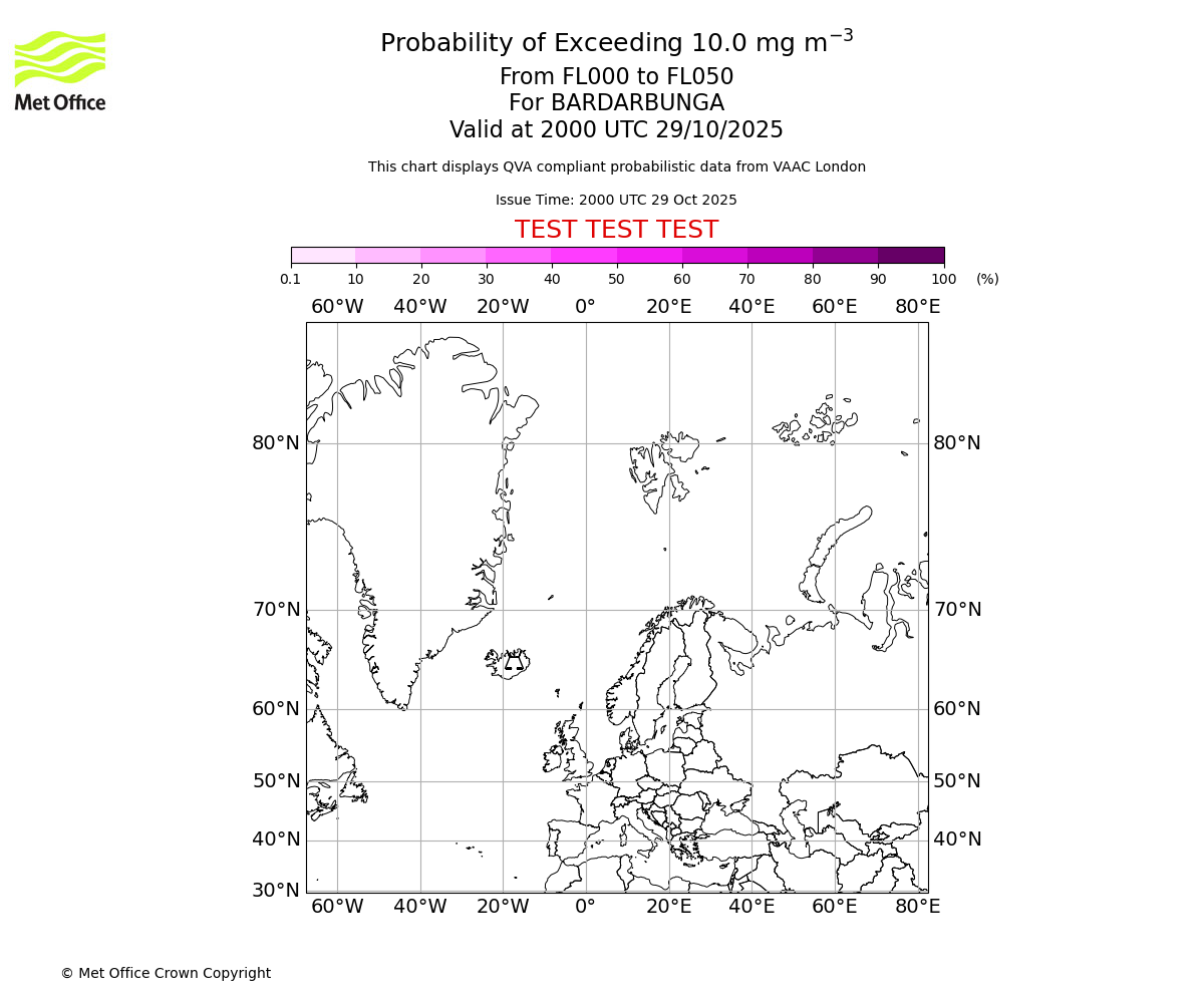 Probability of exceeding 10.0 milligrams per metre cubed. From 000 to 050 for BARDARBUNGA. Valid at 2000 UTC 29/10/2025