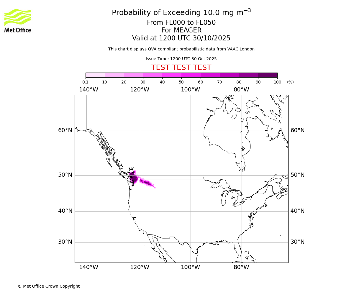 Probability of exceeding 10.0 milligrams per metre cubed. From 000 to 050 for MEAGER. Valid at 1200 UTC 30/10/2025