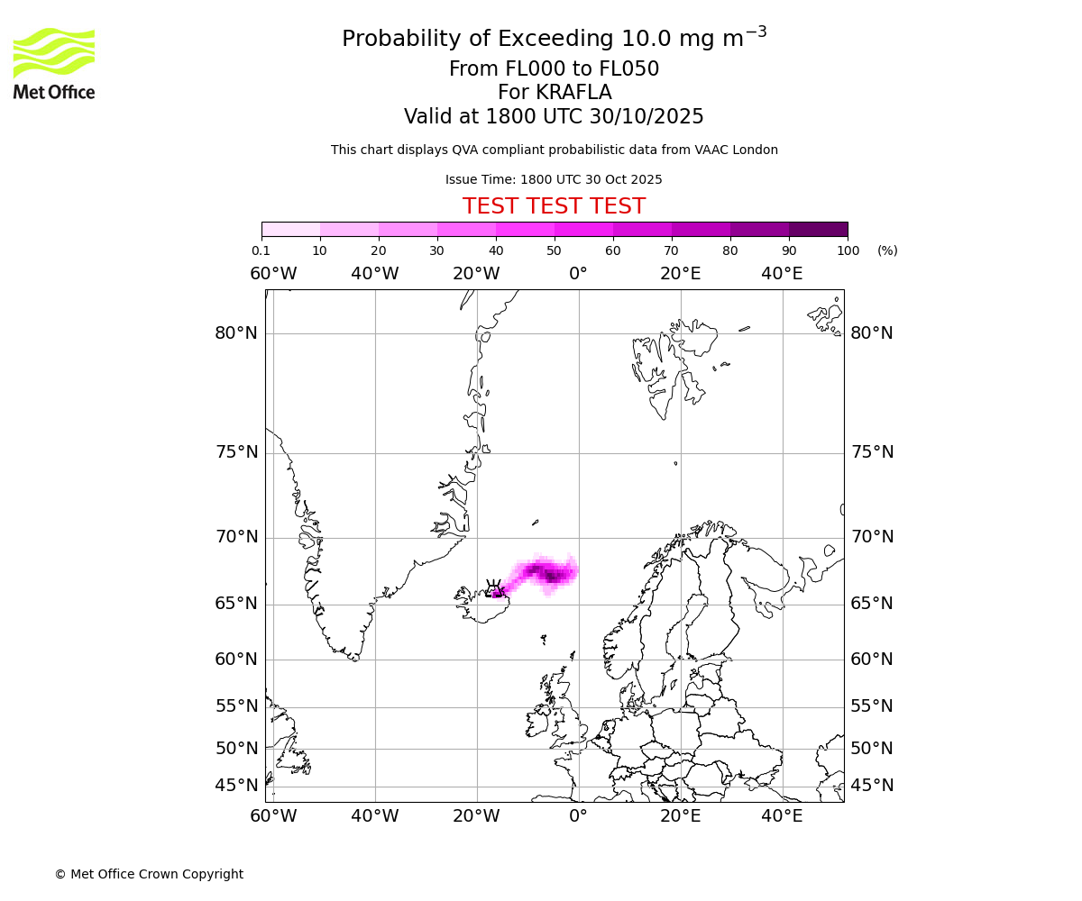 Probability of exceeding 10.0 milligrams per metre cubed. From 000 to 050 for KRAFLA. Valid at 1800 UTC 30/10/2025