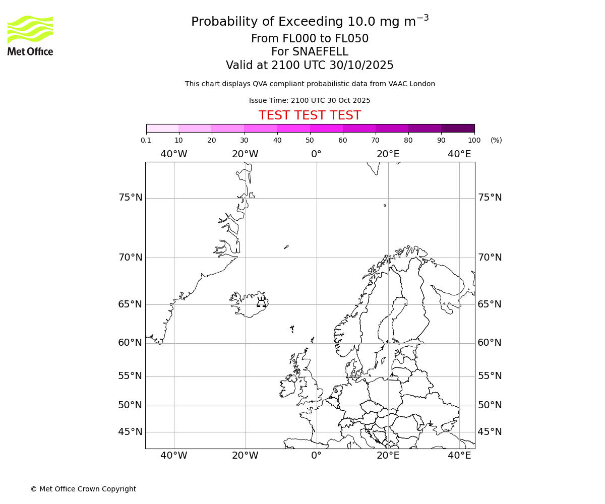 Probability of exceeding 10.0 milligrams per metre cubed. From 000 to 050 for SNAEFELL. Valid at 2100 UTC 30/10/2025