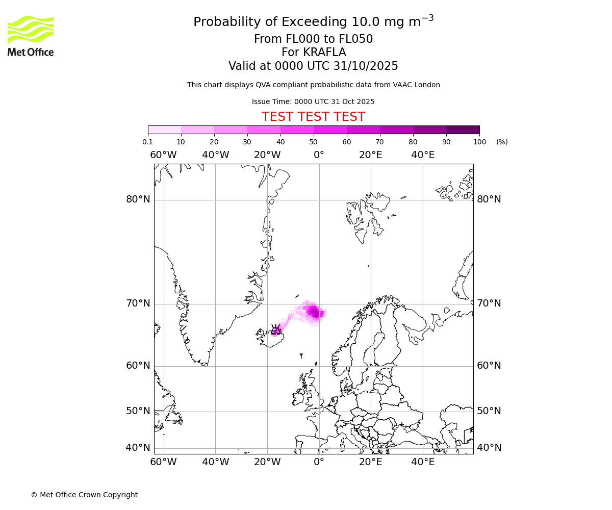 Probability of exceeding 10.0 milligrams per metre cubed. From 000 to 050 for KRAFLA. Valid at 0000 UTC 31/10/2025