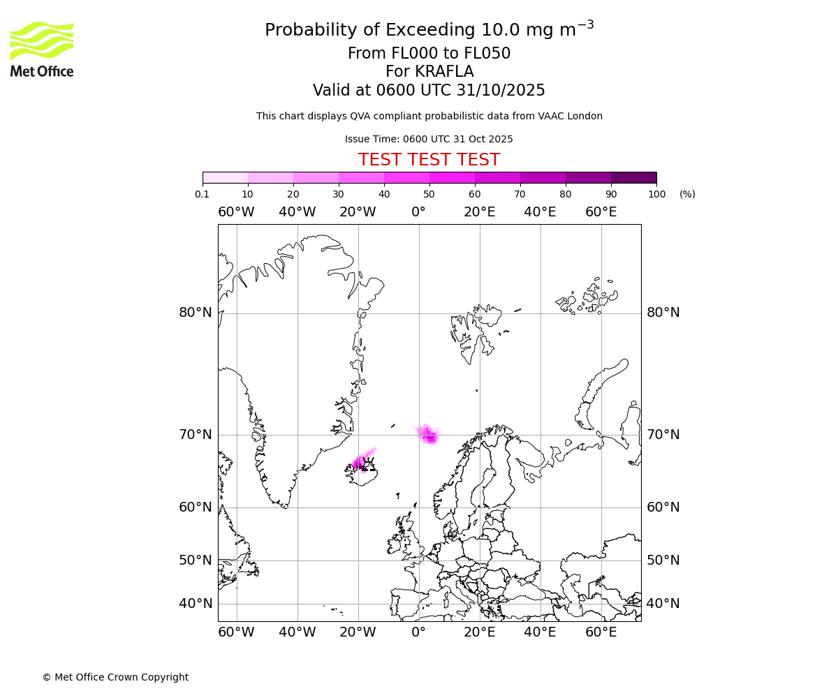 Probability of exceeding 10.0 milligrams per metre cubed. From 000 to 050 for KRAFLA. Valid at 0600 UTC 31/10/2025
