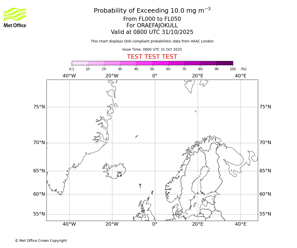 Probability of exceeding 10.0 milligrams per metre cubed. From 000 to 050 for ORAEFAJOKULL. Valid at 0800 UTC 31/10/2025