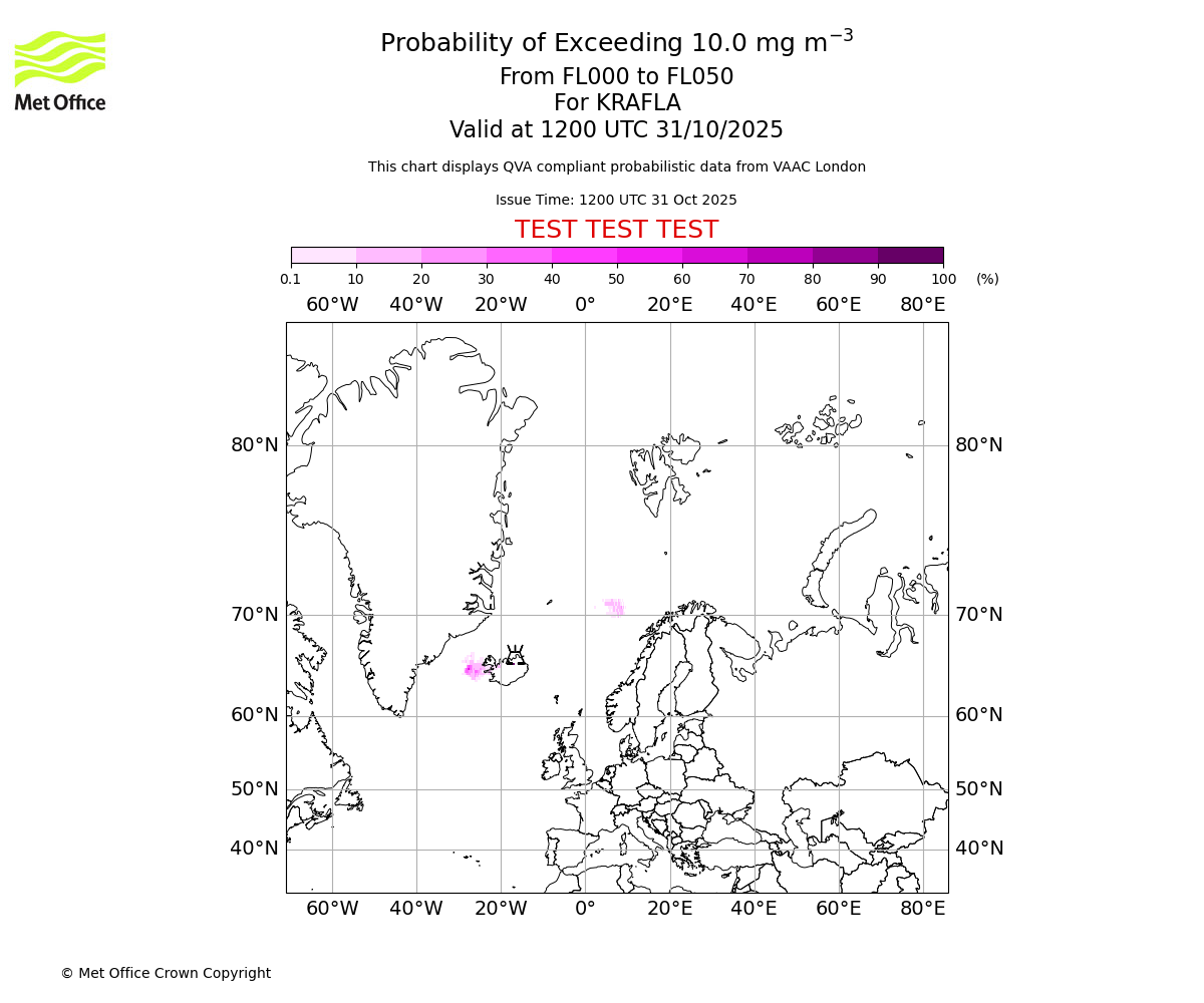 Probability of exceeding 10.0 milligrams per metre cubed. From 000 to 050 for KRAFLA. Valid at 1200 UTC 31/10/2025