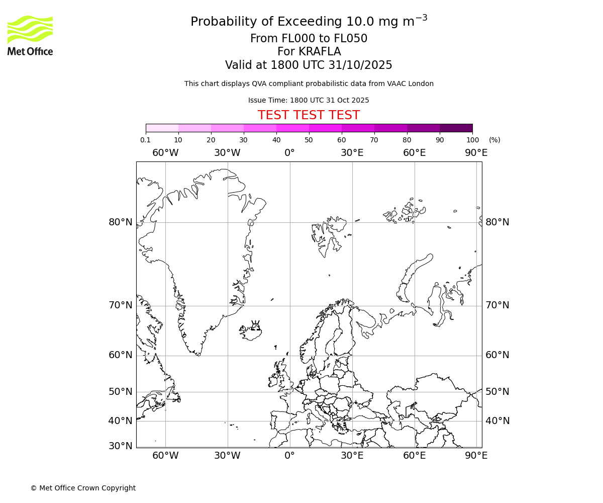 Probability of exceeding 10.0 milligrams per metre cubed. From 000 to 050 for KRAFLA. Valid at 1800 UTC 31/10/2025