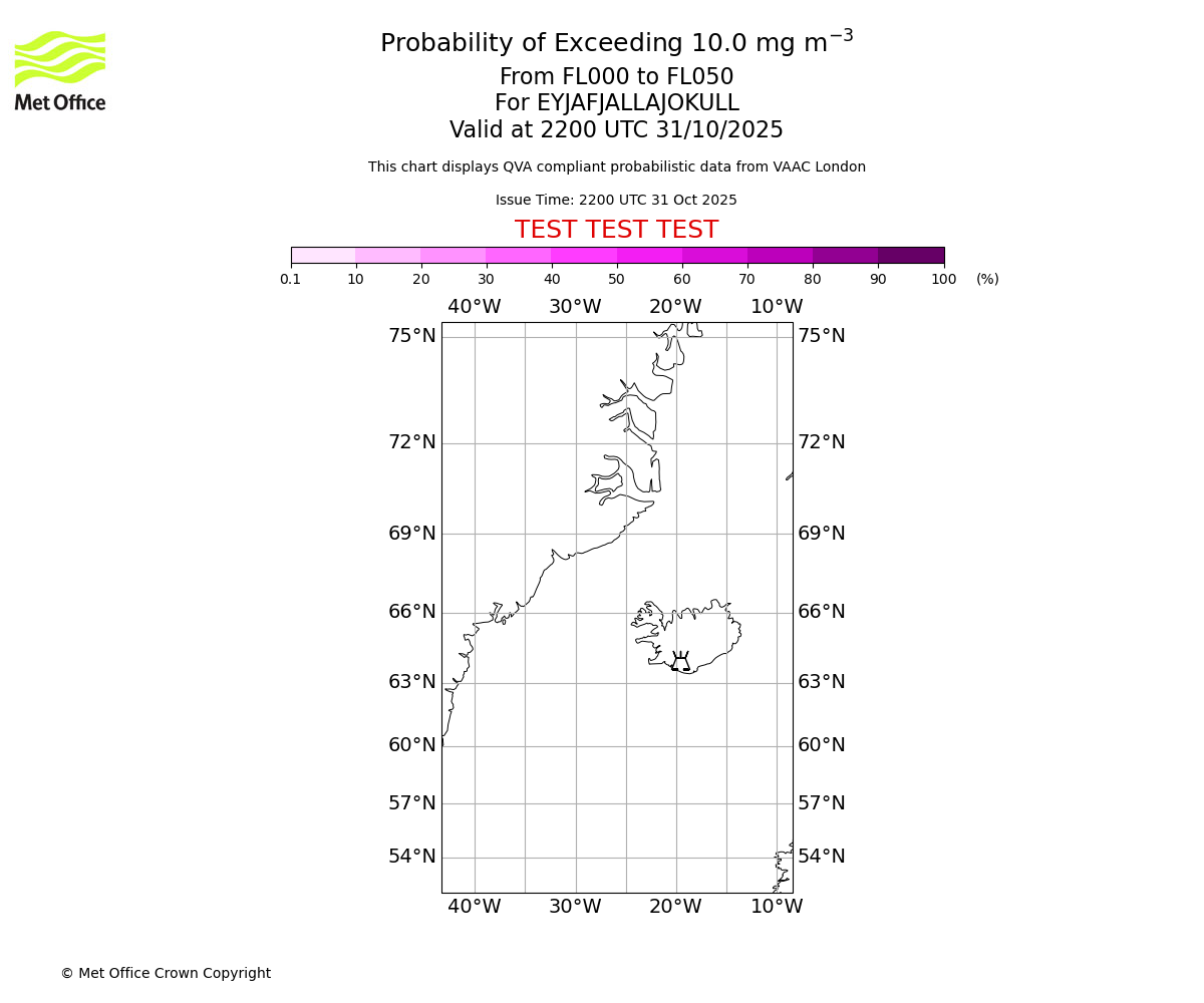Probability of exceeding 10.0 milligrams per metre cubed. From 000 to 050 for EYJAFJALLAJOKULL. Valid at 2200 UTC 31/10/2025