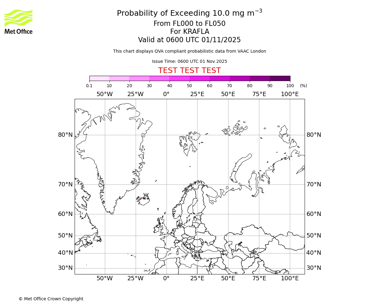 Probability of exceeding 10.0 milligrams per metre cubed. From 000 to 050 for KRAFLA. Valid at 0600 UTC 01/11/2025