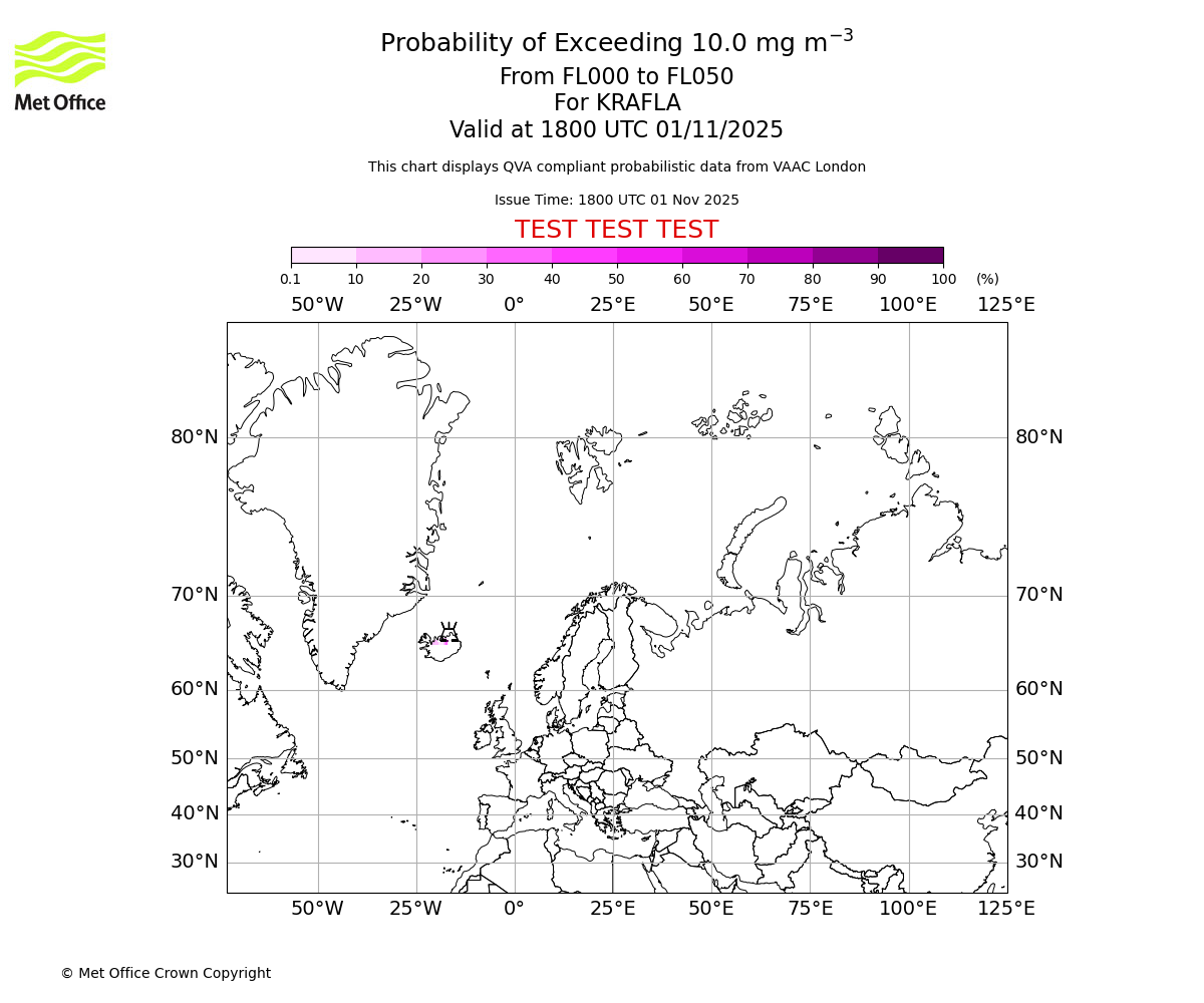 Probability of exceeding 10.0 milligrams per metre cubed. From 000 to 050 for KRAFLA. Valid at 1800 UTC 01/11/2025