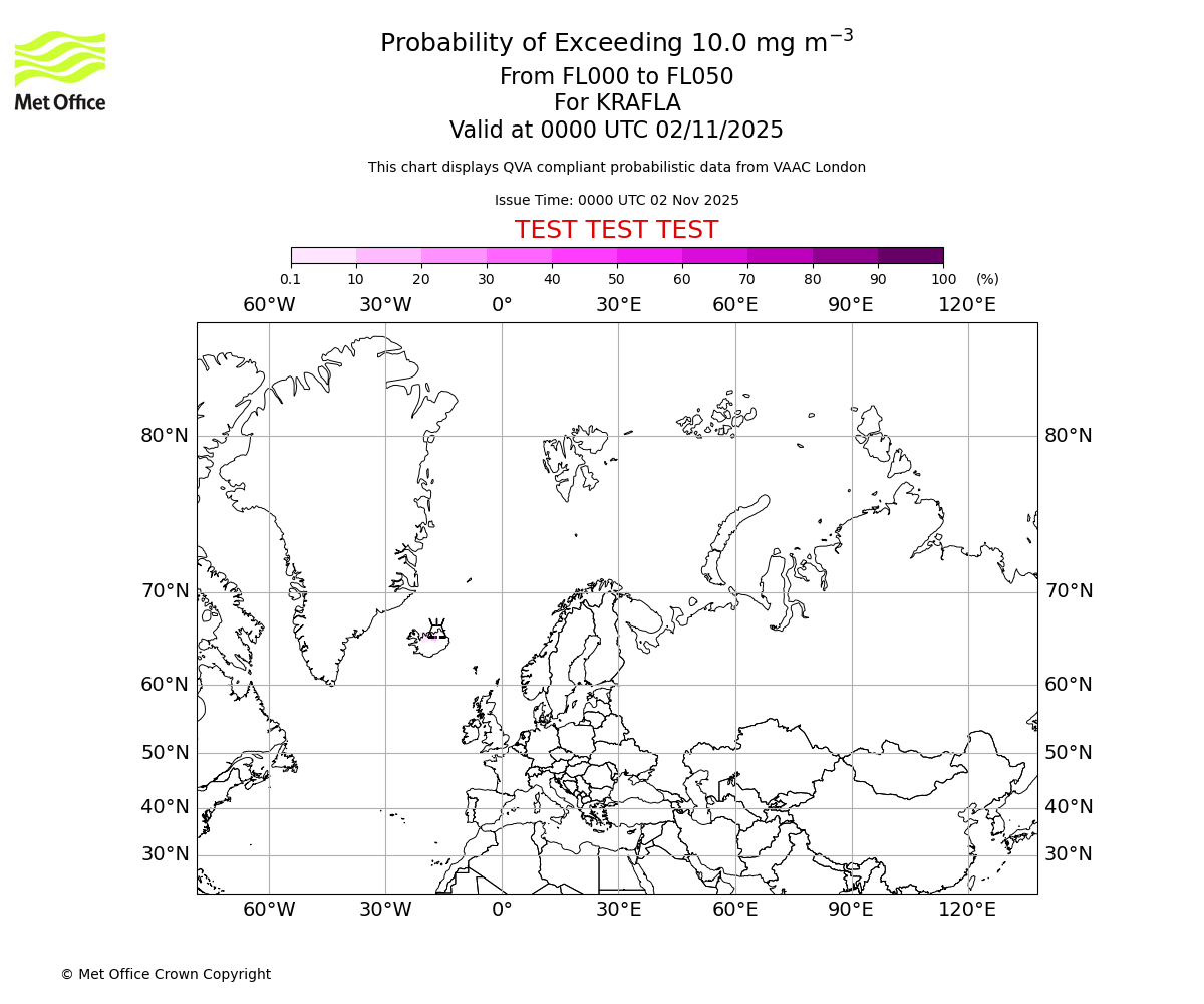 Probability of exceeding 10.0 milligrams per metre cubed. From 000 to 050 for KRAFLA. Valid at 0000 UTC 02/11/2025