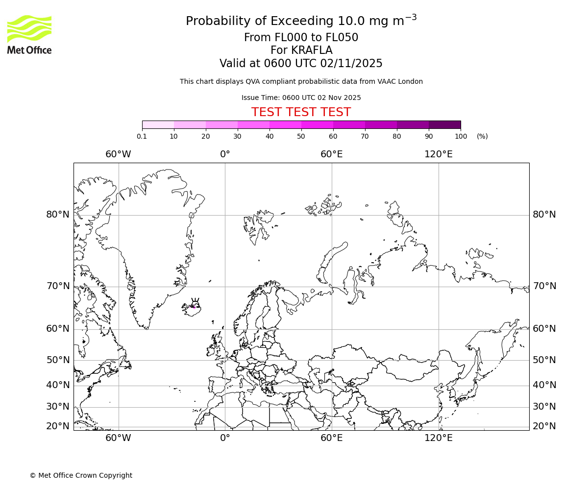 Probability of exceeding 10.0 milligrams per metre cubed. From 000 to 050 for KRAFLA. Valid at 0600 UTC 02/11/2025