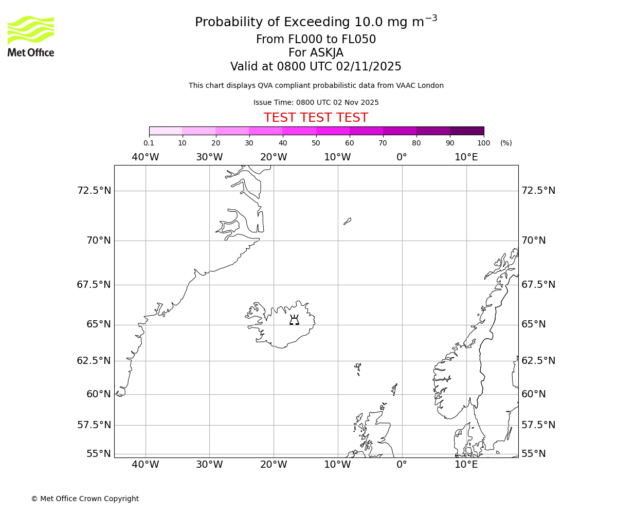 Probability of exceeding 10.0 milligrams per metre cubed. From 000 to 050 for ASKJA. Valid at 0800 UTC 02/11/2025