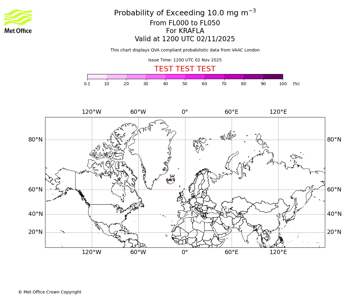 Probability of exceeding 10.0 milligrams per metre cubed. From 000 to 050 for KRAFLA. Valid at 1200 UTC 02/11/2025