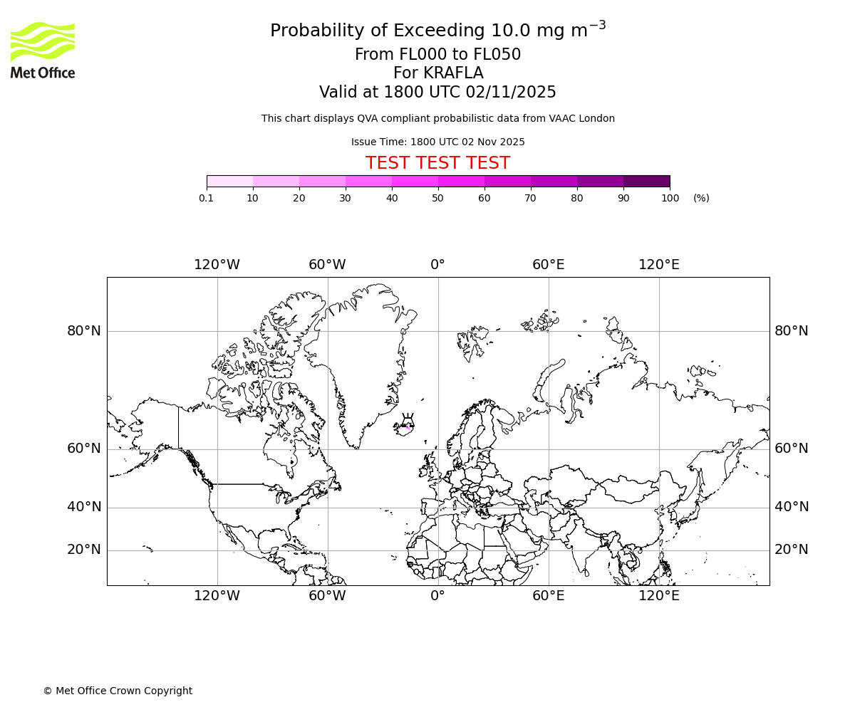 Probability of exceeding 10.0 milligrams per metre cubed. From 000 to 050 for KRAFLA. Valid at 1800 UTC 02/11/2025