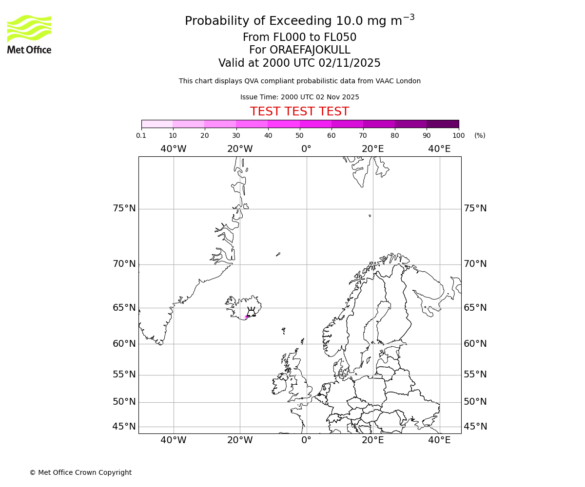 Probability of exceeding 10.0 milligrams per metre cubed. From 000 to 050 for ORAEFAJOKULL. Valid at 2000 UTC 02/11/2025