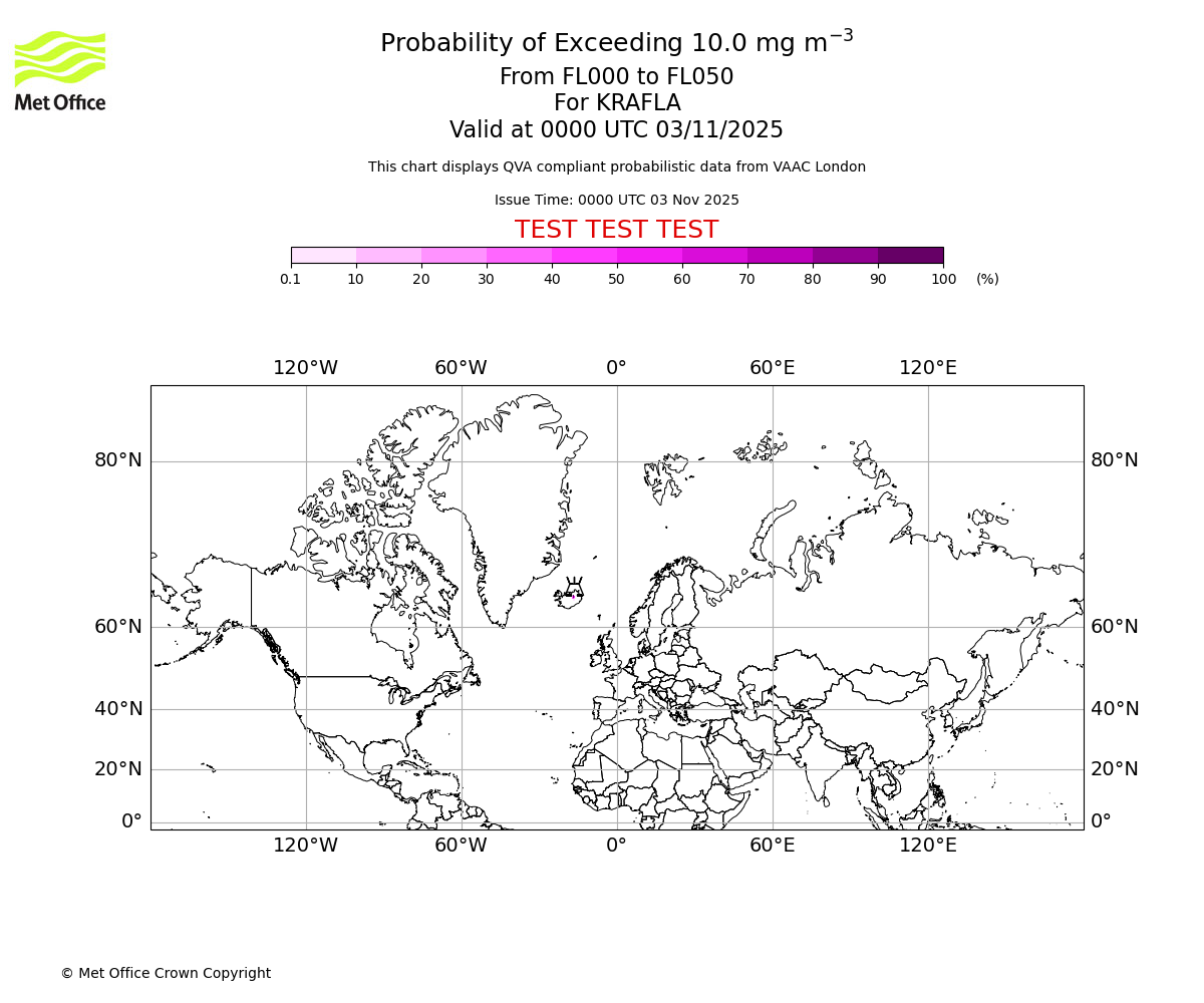 Probability of exceeding 10.0 milligrams per metre cubed. From 000 to 050 for KRAFLA. Valid at 0000 UTC 03/11/2025