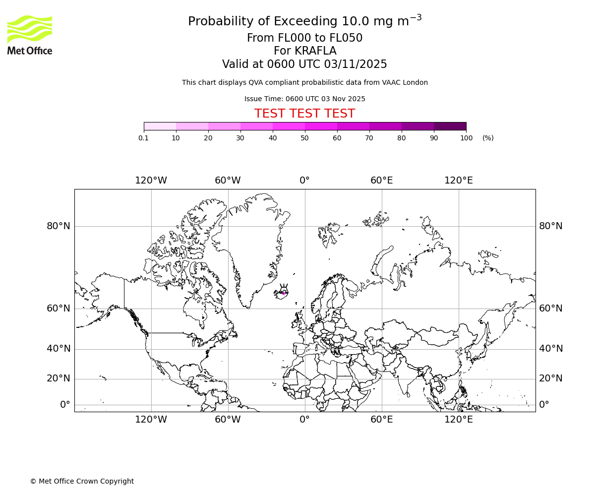 Probability of exceeding 10.0 milligrams per metre cubed. From 000 to 050 for KRAFLA. Valid at 0600 UTC 03/11/2025