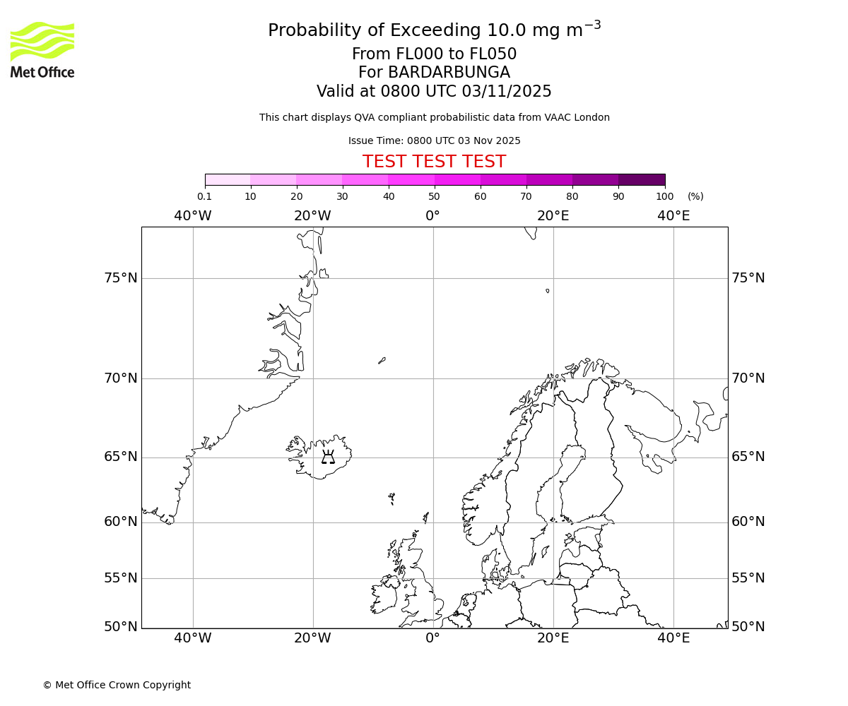Probability of exceeding 10.0 milligrams per metre cubed. From 000 to 050 for BARDARBUNGA. Valid at 0800 UTC 03/11/2025