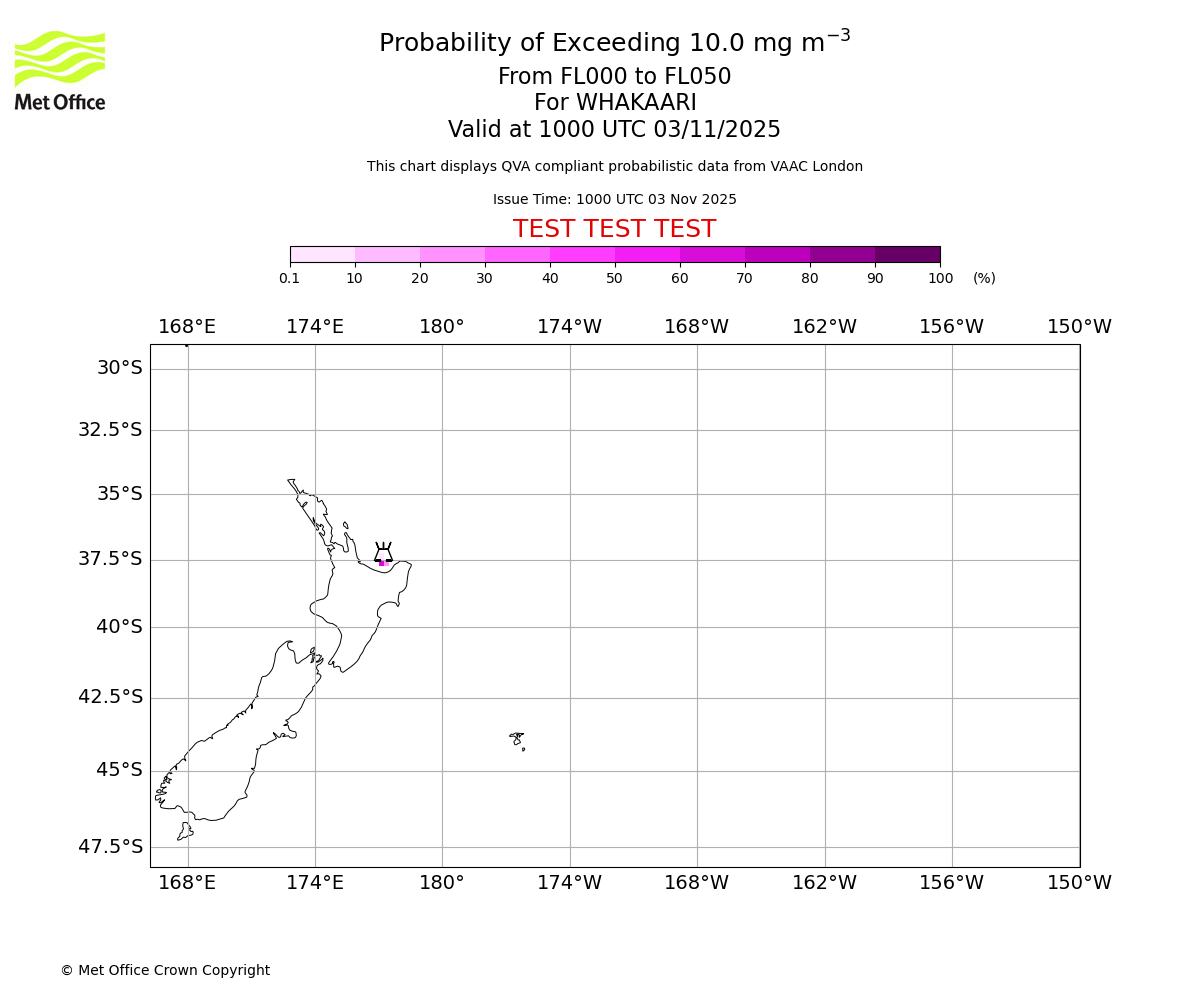 Probability of exceeding 10.0 milligrams per metre cubed. From 000 to 050 for WHAKAARI. Valid at 1000 UTC 03/11/2025
