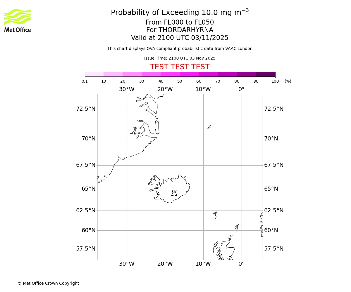 Probability of exceeding 10.0 milligrams per metre cubed. From 000 to 050 for THORDARHYRNA. Valid at 2100 UTC 03/11/2025