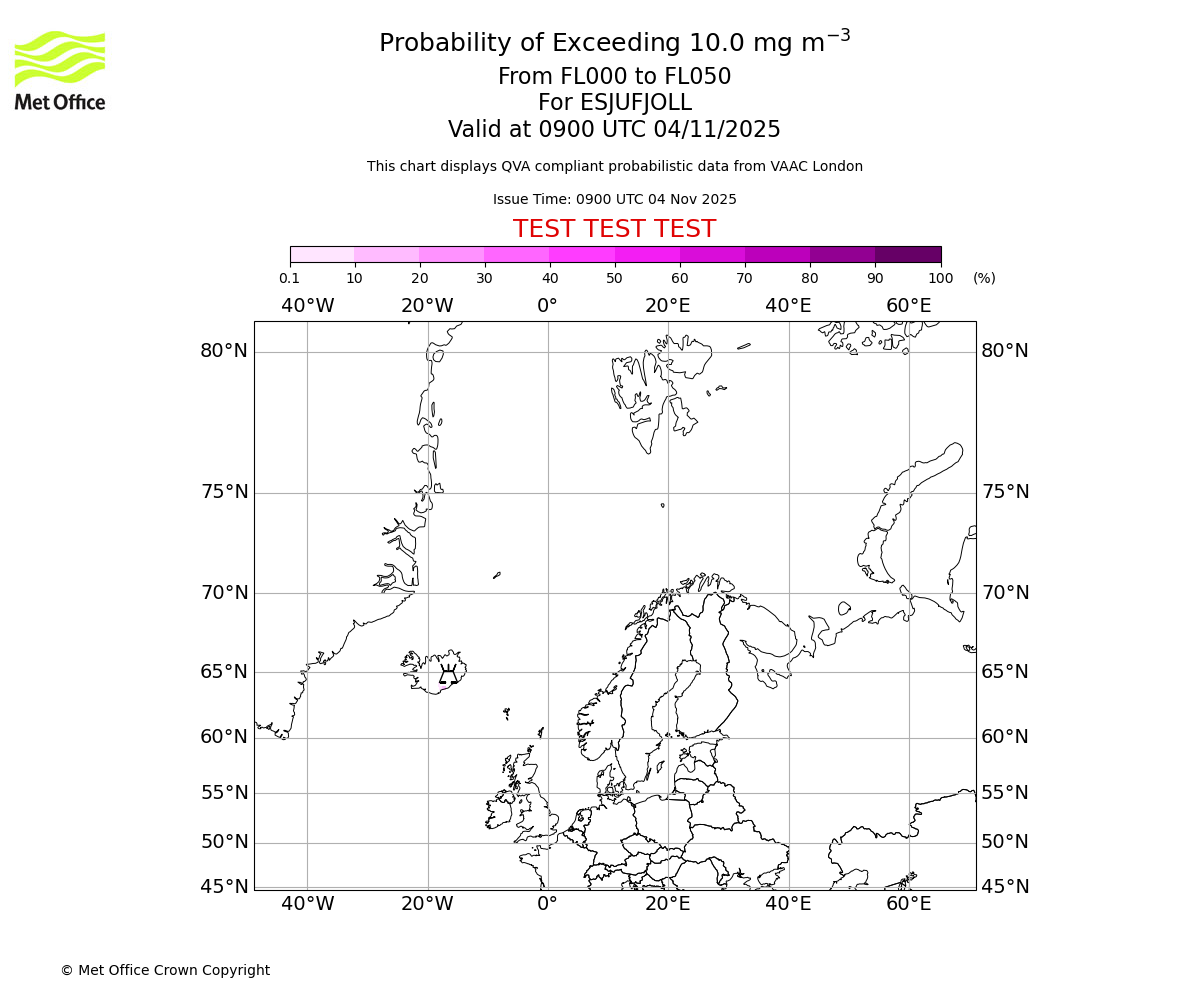 Probability of exceeding 10.0 milligrams per metre cubed. From 000 to 050 for ESJUFJOLL. Valid at 0900 UTC 04/11/2025