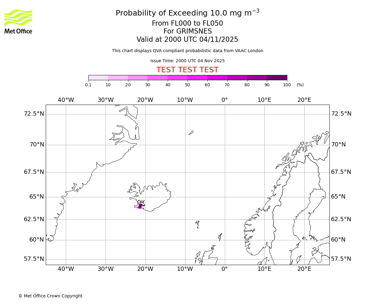 Probability of exceeding 10.0 milligrams per metre cubed. From 000 to 050 for GRIMSNES. Valid at 2000 UTC 04/11/2025