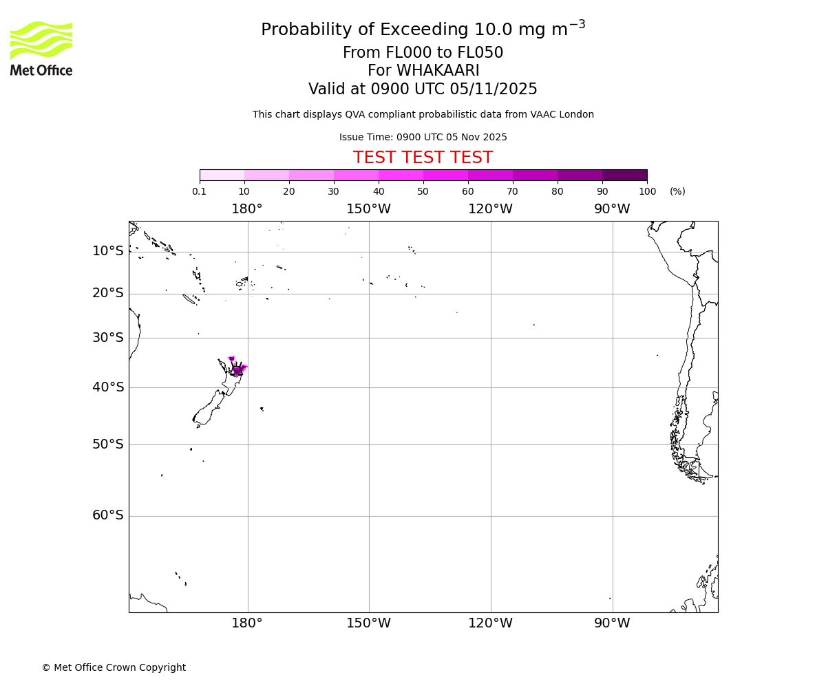 Probability of exceeding 10.0 milligrams per metre cubed. From 000 to 050 for WHAKAARI. Valid at 0900 UTC 05/11/2025