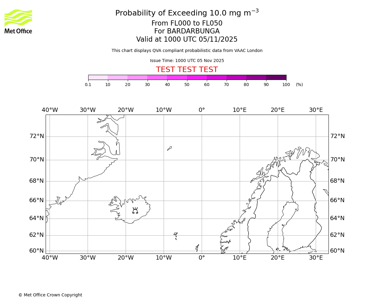 Probability of exceeding 10.0 milligrams per metre cubed. From 000 to 050 for BARDARBUNGA. Valid at 1000 UTC 05/11/2025