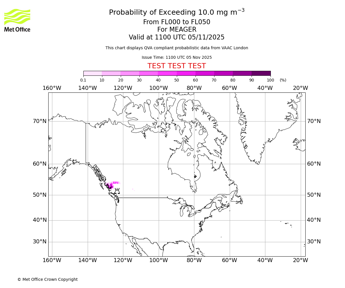Probability of exceeding 10.0 milligrams per metre cubed. From 000 to 050 for MEAGER. Valid at 1100 UTC 05/11/2025
