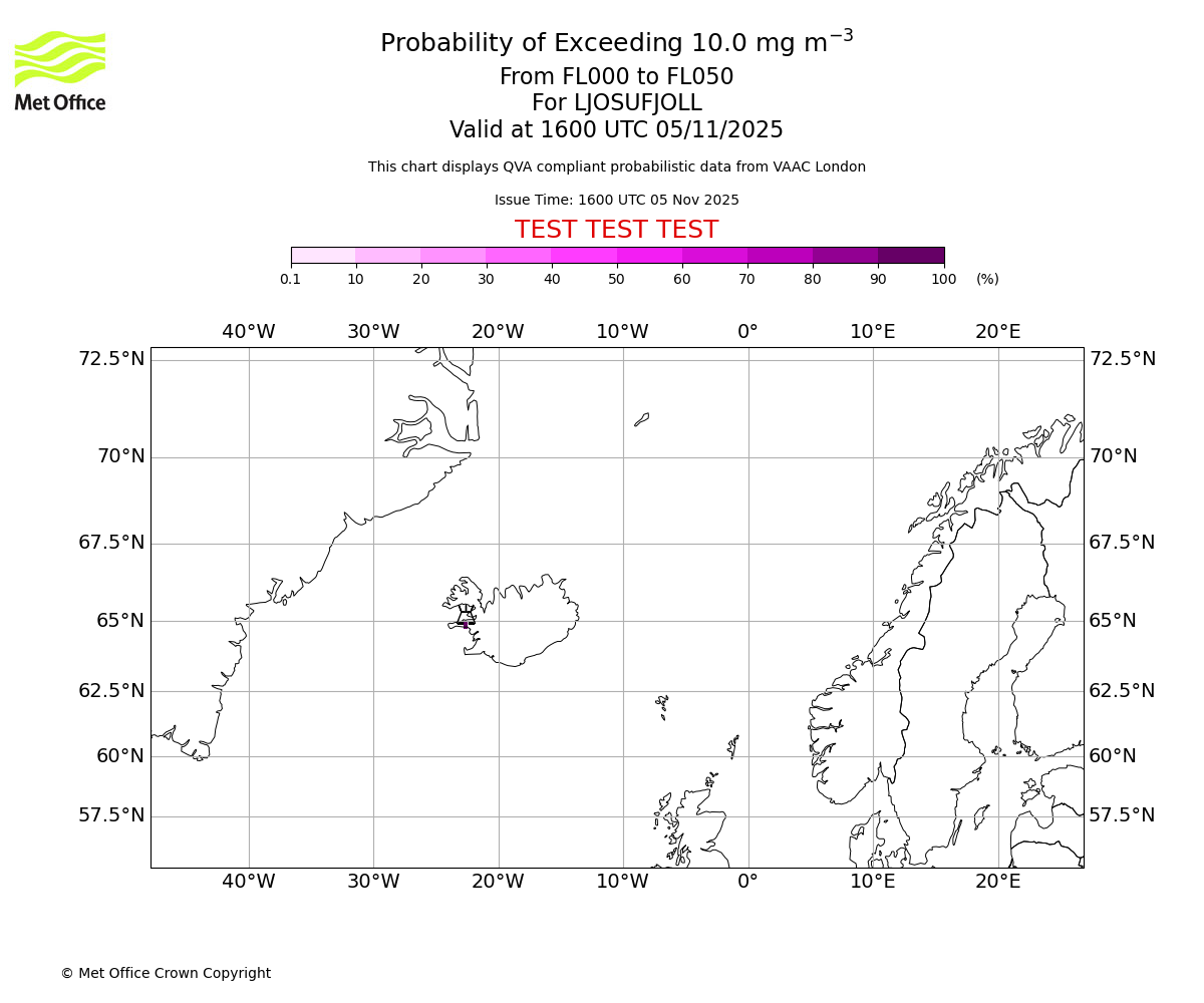 Probability of exceeding 10.0 milligrams per metre cubed. From 000 to 050 for LJOSUFJOLL. Valid at 1600 UTC 05/11/2025