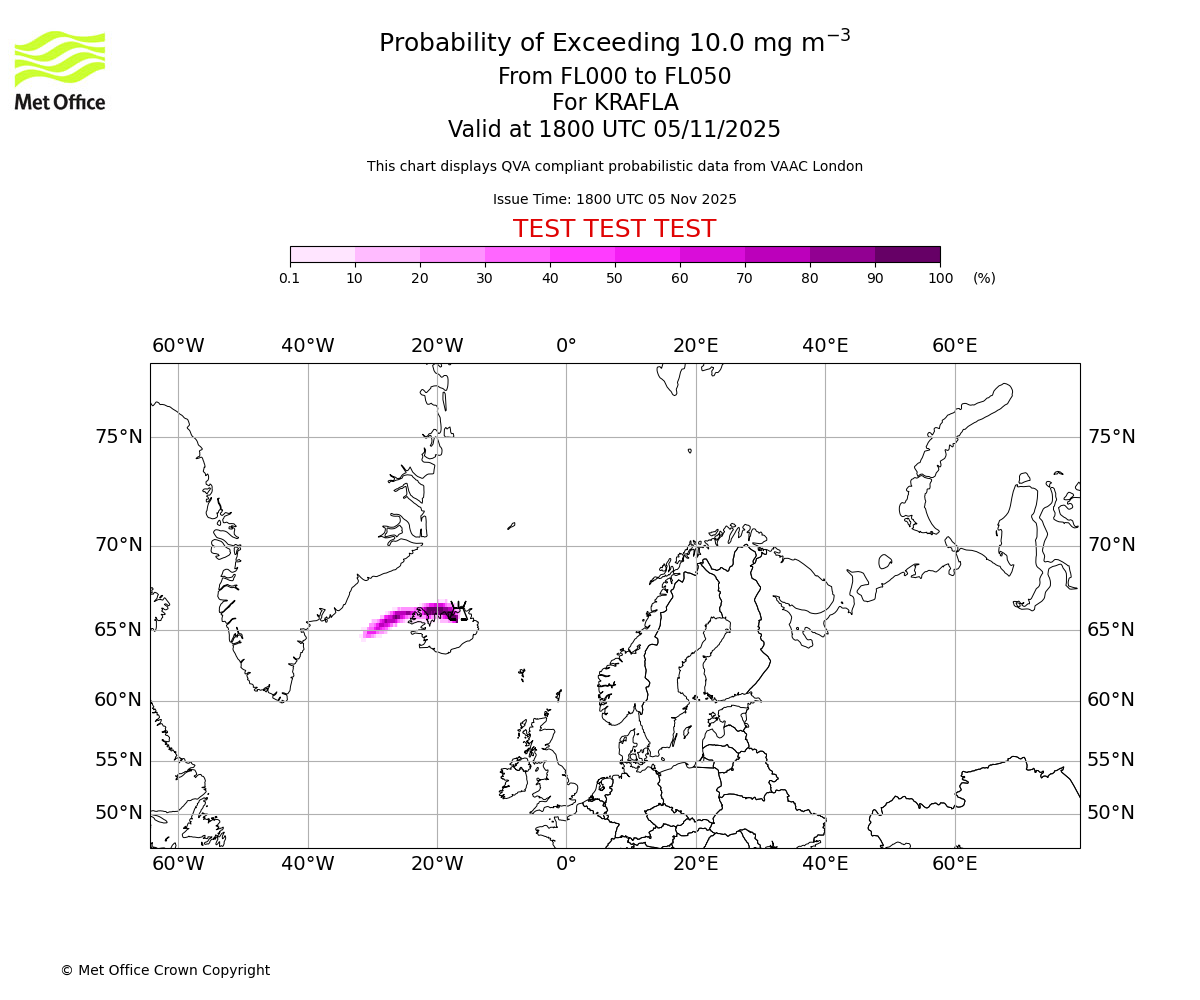 Probability of exceeding 10.0 milligrams per metre cubed. From 000 to 050 for KRAFLA. Valid at 1800 UTC 05/11/2025