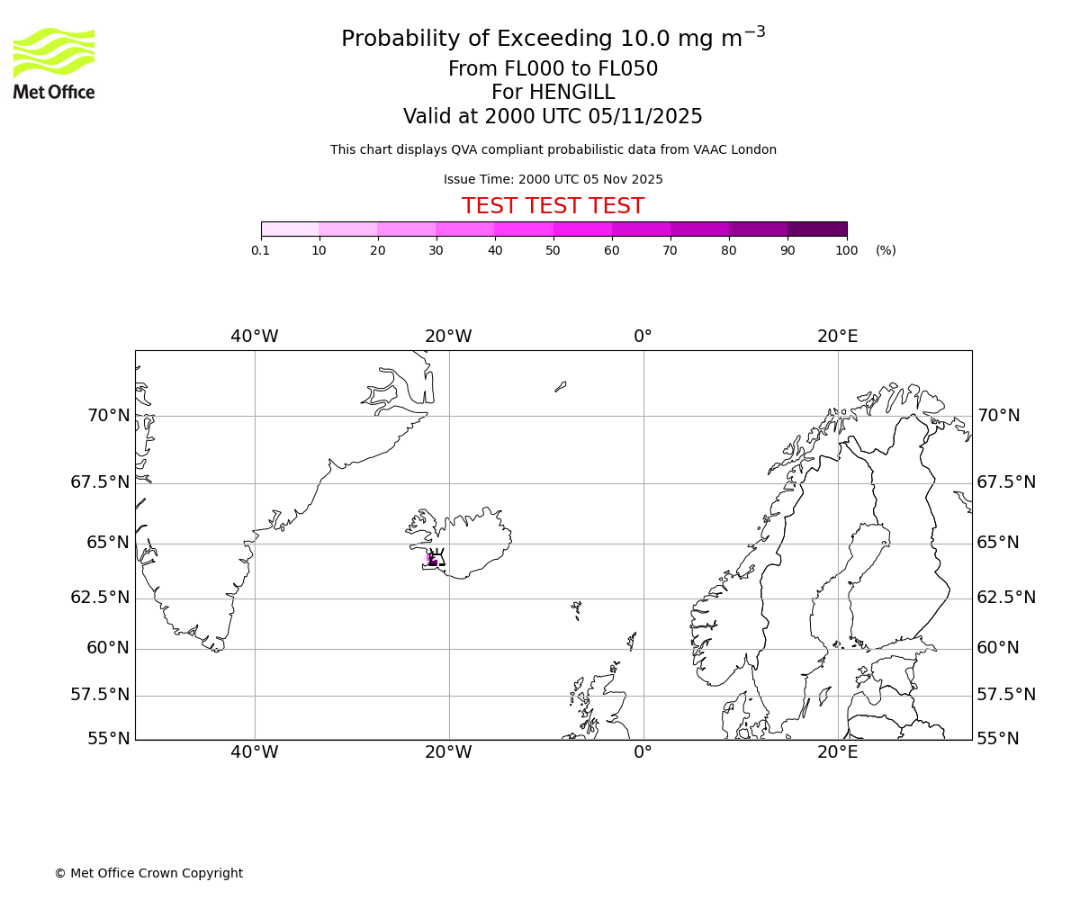 Probability of exceeding 10.0 milligrams per metre cubed. From 000 to 050 for HENGILL. Valid at 2000 UTC 05/11/2025