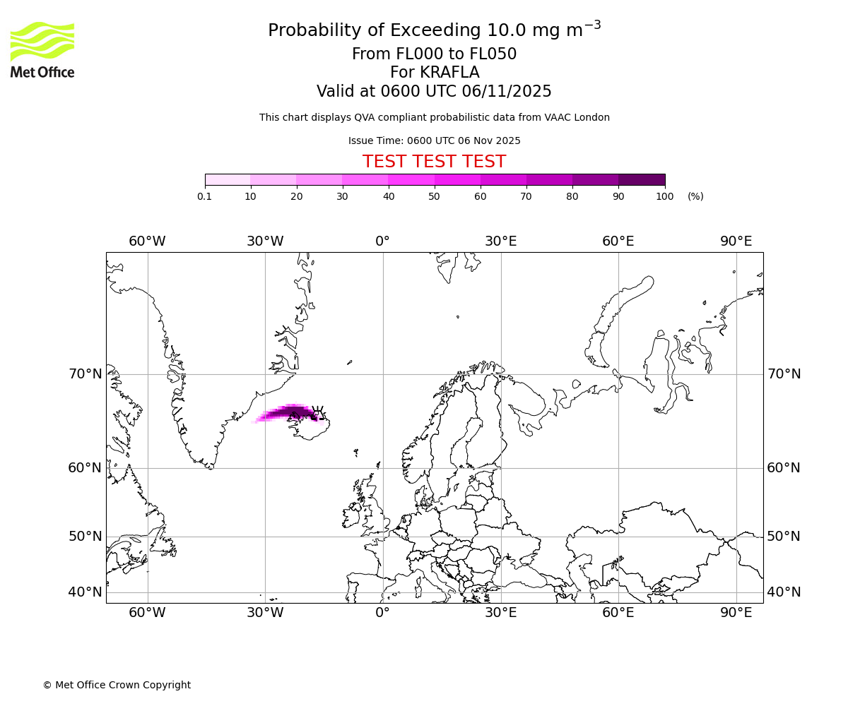 Probability of exceeding 10.0 milligrams per metre cubed. From 000 to 050 for KRAFLA. Valid at 0600 UTC 06/11/2025