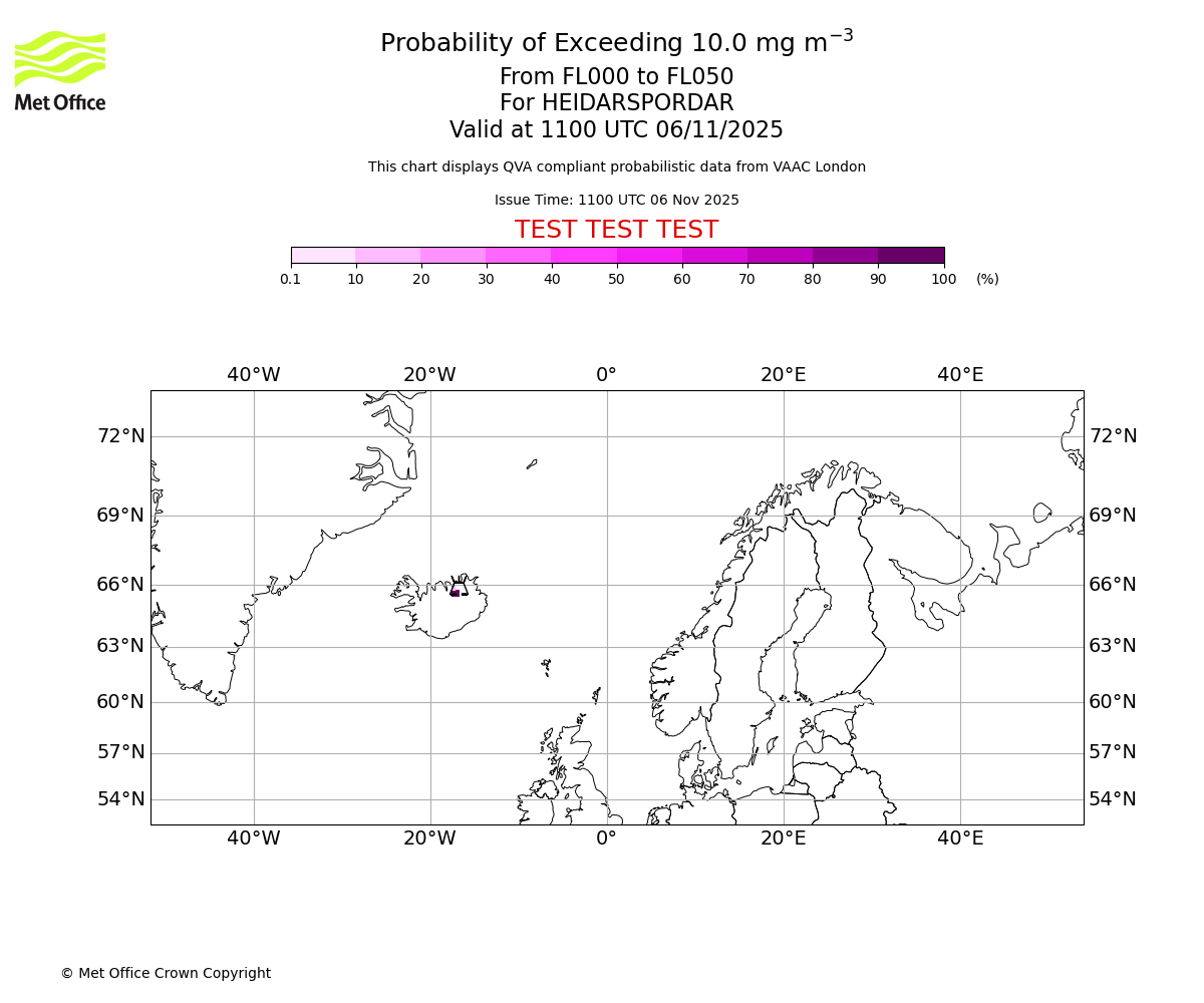 Probability of exceeding 10.0 milligrams per metre cubed. From 000 to 050 for HEIDARSPORDAR. Valid at 1100 UTC 06/11/2025