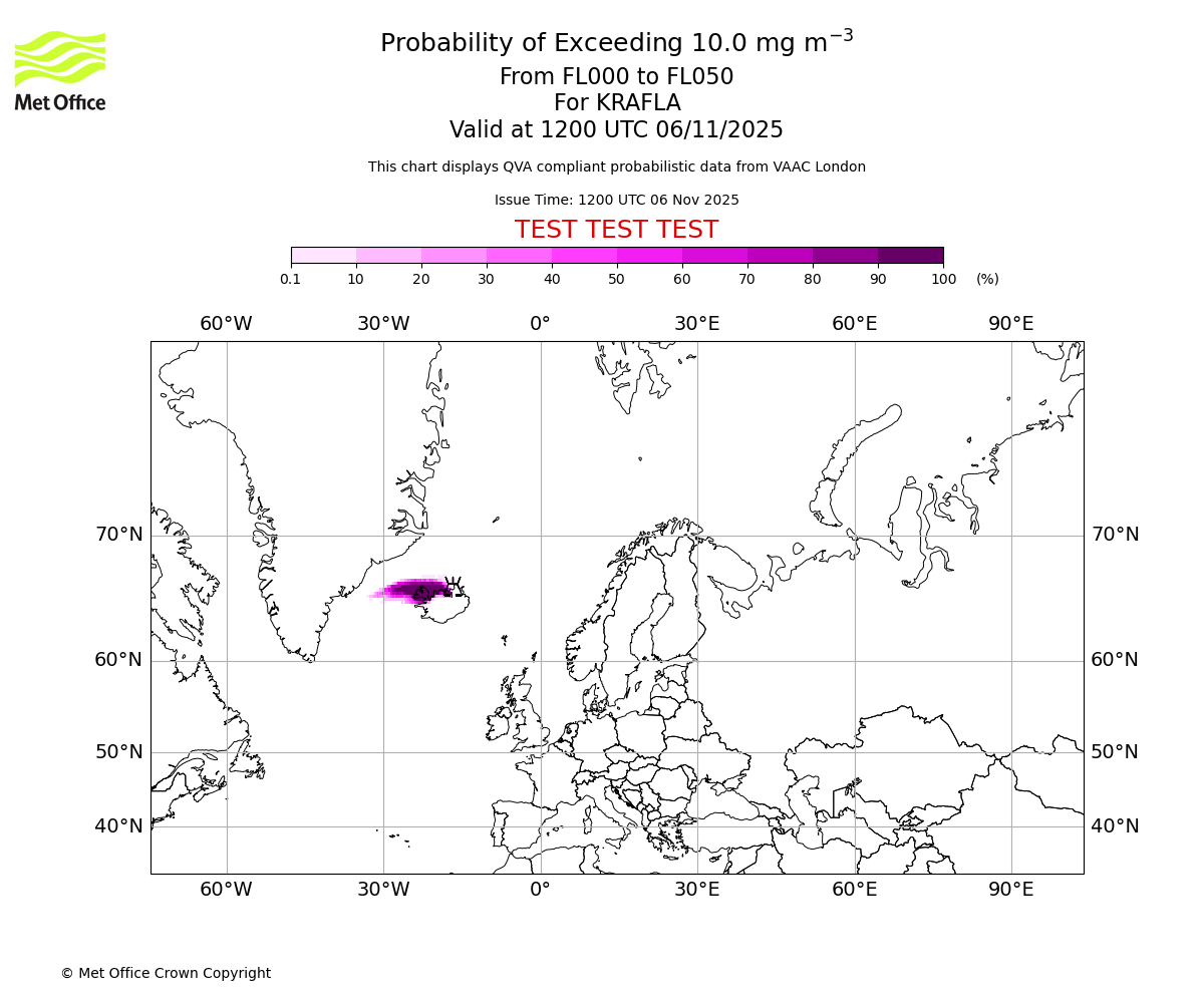 Probability of exceeding 10.0 milligrams per metre cubed. From 000 to 050 for KRAFLA. Valid at 1200 UTC 06/11/2025
