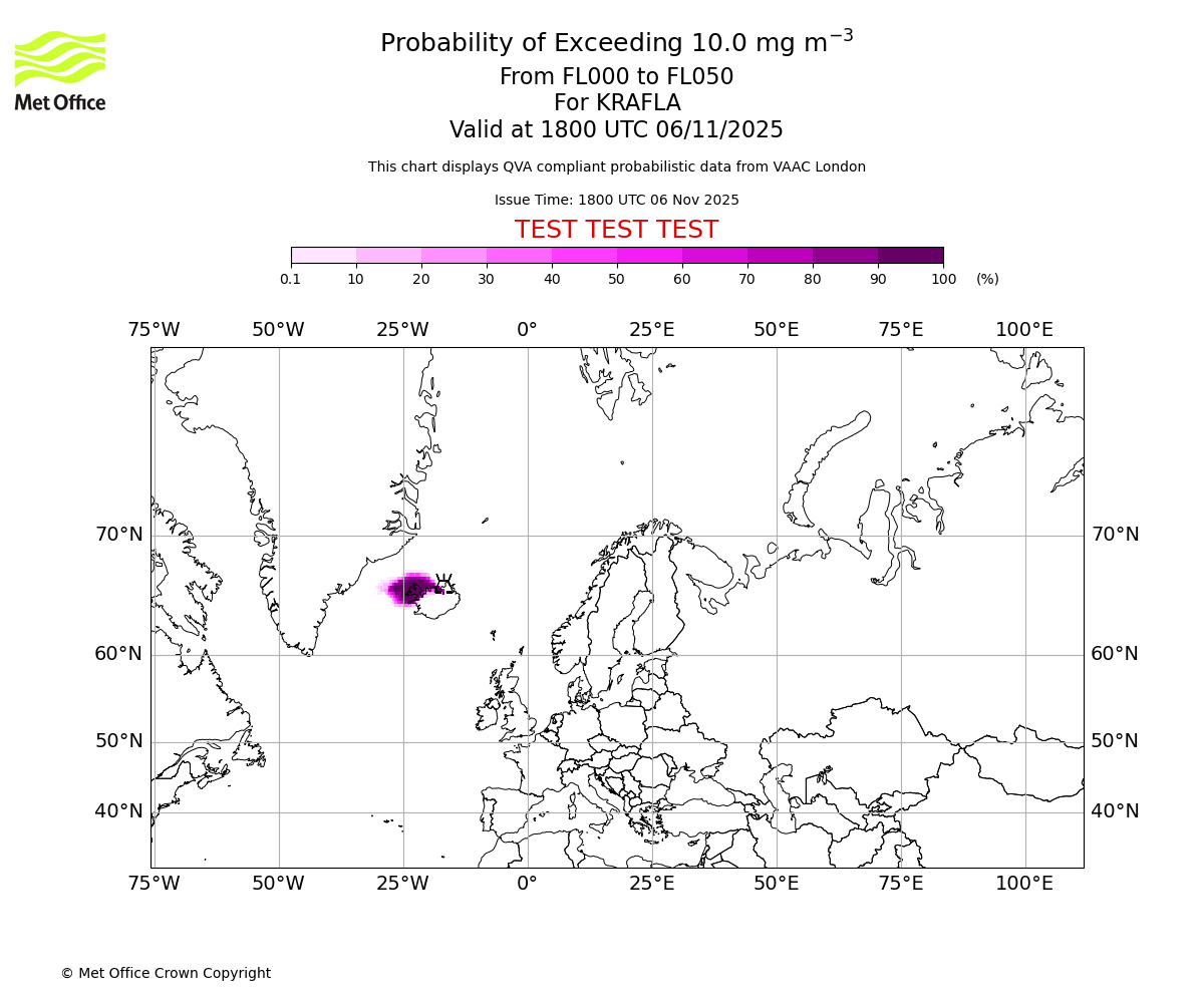 Probability of exceeding 10.0 milligrams per metre cubed. From 000 to 050 for KRAFLA. Valid at 1800 UTC 06/11/2025