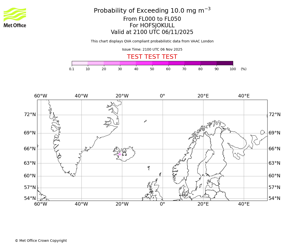 Probability of exceeding 10.0 milligrams per metre cubed. From 000 to 050 for HOFSJOKULL. Valid at 2100 UTC 06/11/2025