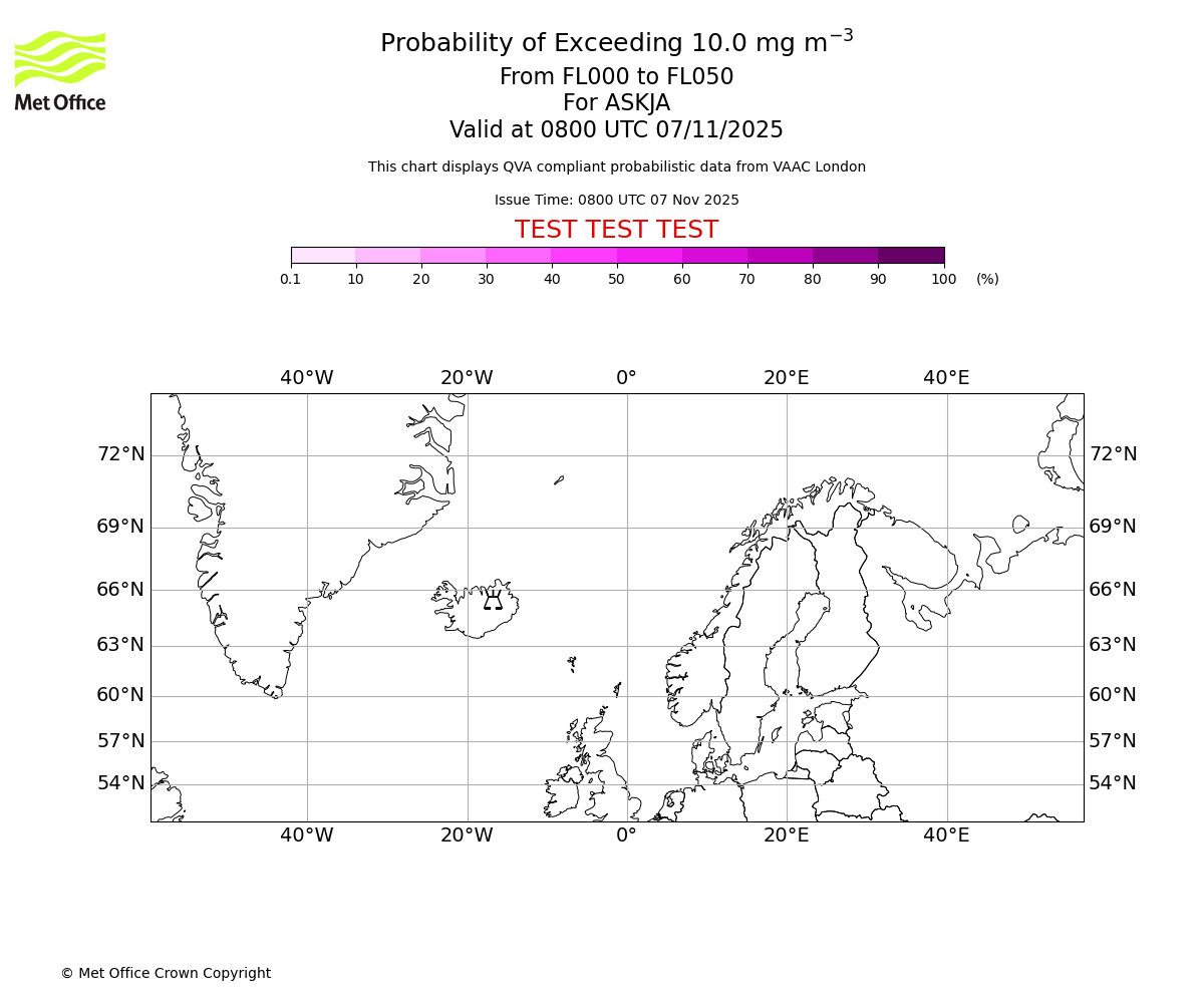 Probability of exceeding 10.0 milligrams per metre cubed. From 000 to 050 for ASKJA. Valid at 0800 UTC 07/11/2025