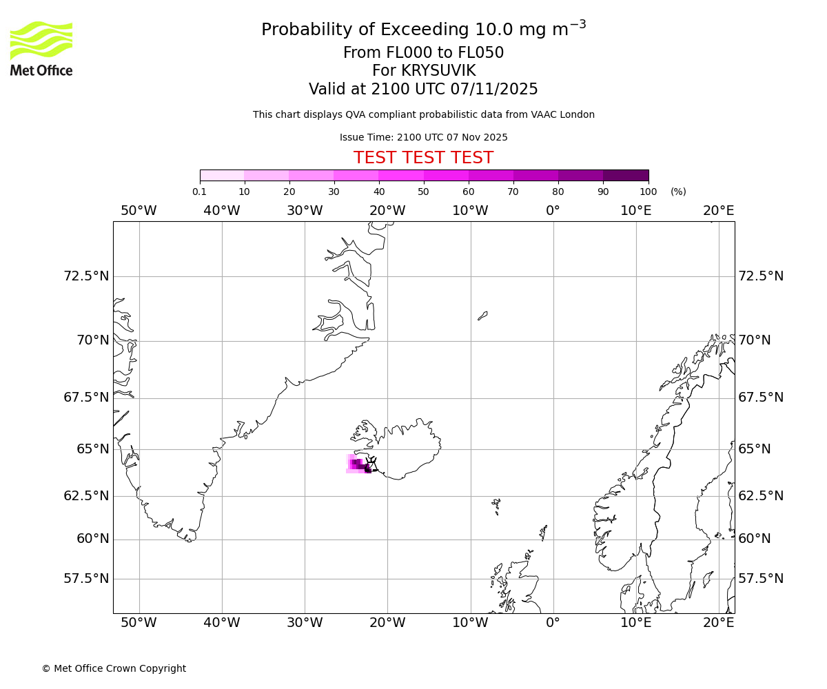 Probability of exceeding 10.0 milligrams per metre cubed. From 000 to 050 for KRYSUVIK. Valid at 2100 UTC 07/11/2025