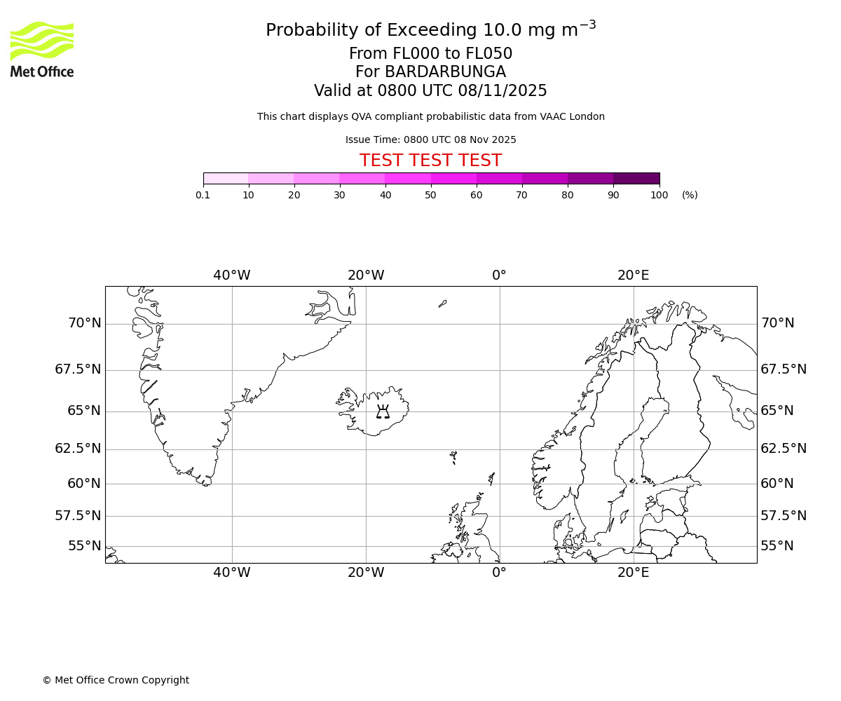 Probability of exceeding 10.0 milligrams per metre cubed. From 000 to 050 for BARDARBUNGA. Valid at 0800 UTC 08/11/2025