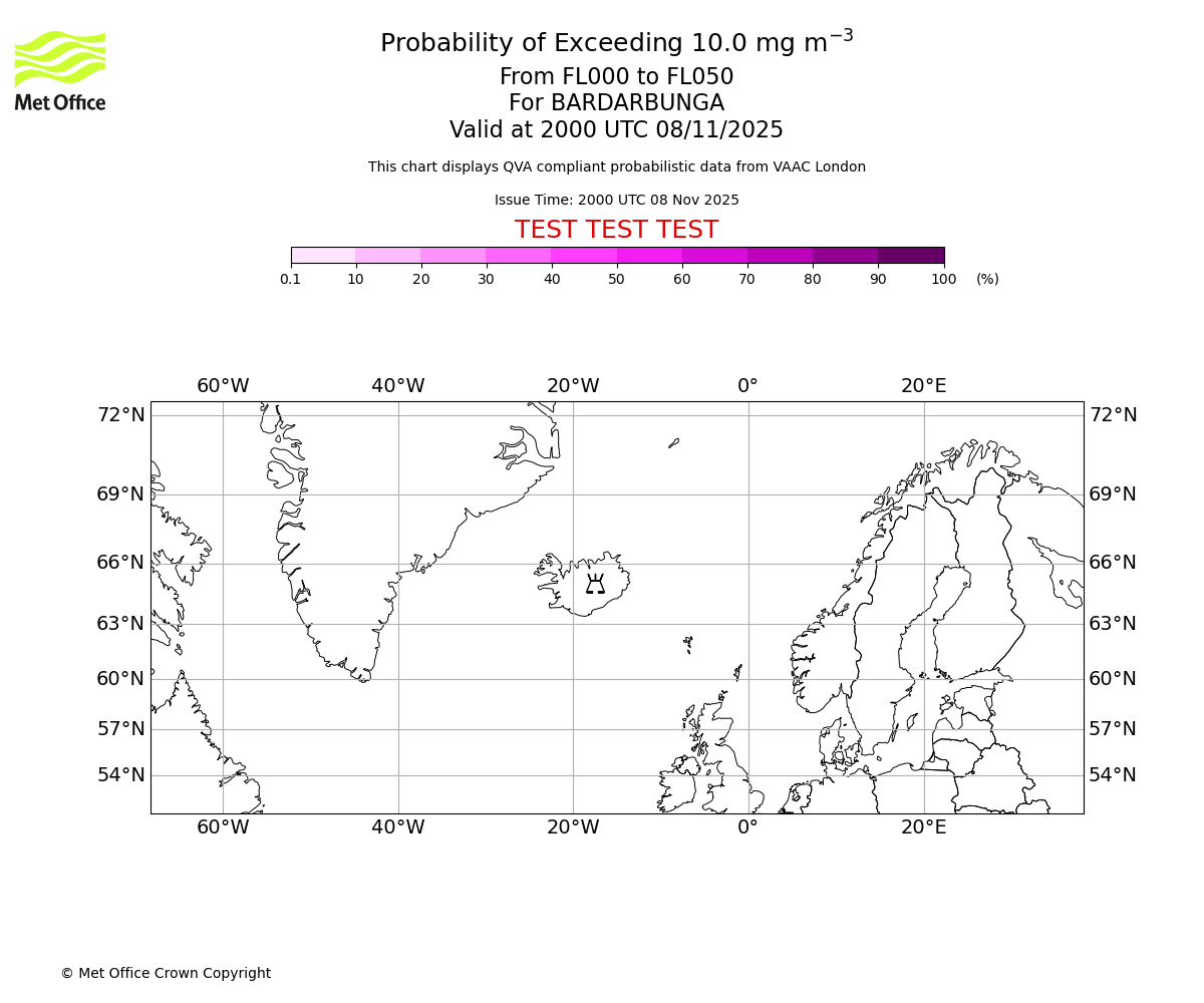 Probability of exceeding 10.0 milligrams per metre cubed. From 000 to 050 for BARDARBUNGA. Valid at 2000 UTC 08/11/2025