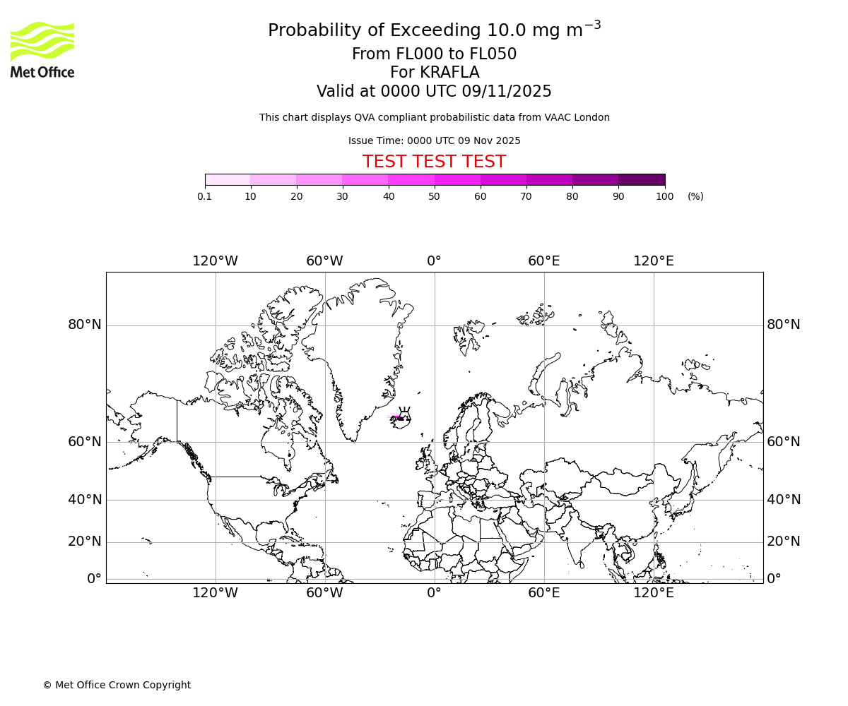 Probability of exceeding 10.0 milligrams per metre cubed. From 000 to 050 for KRAFLA. Valid at 0000 UTC 09/11/2025