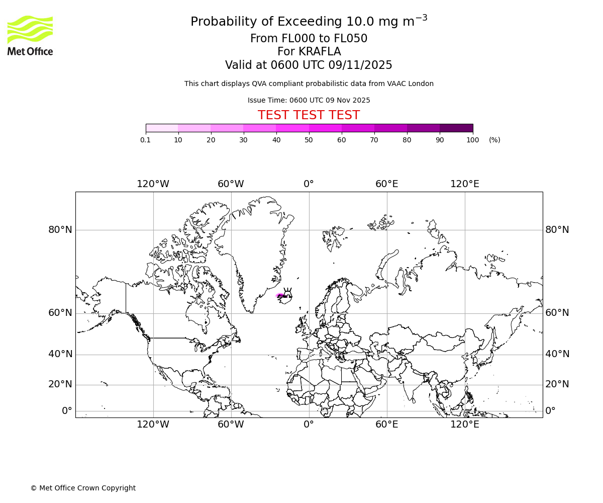 Probability of exceeding 10.0 milligrams per metre cubed. From 000 to 050 for KRAFLA. Valid at 0600 UTC 09/11/2025