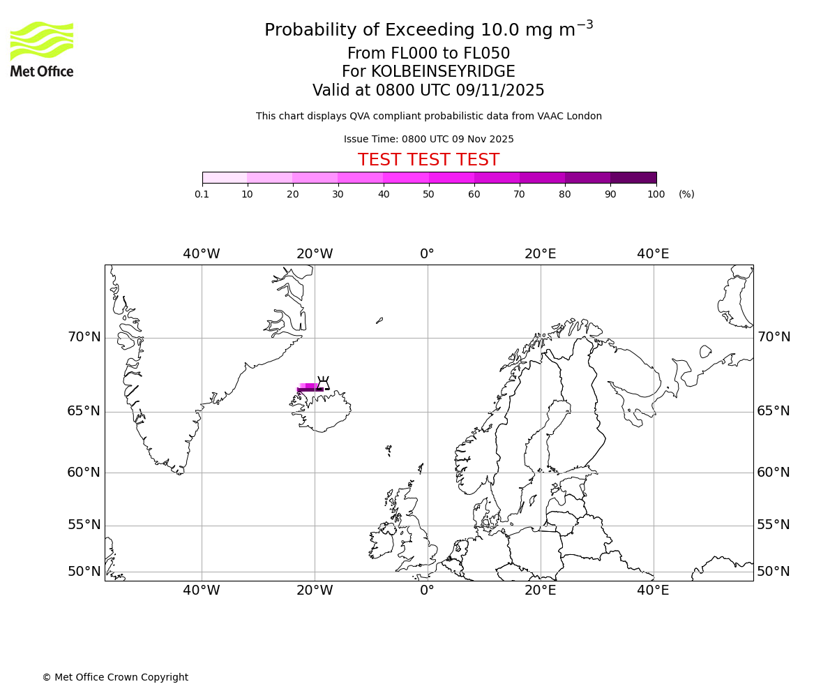 Probability of exceeding 10.0 milligrams per metre cubed. From 000 to 050 for KOLBEINSEYRIDGE. Valid at 0800 UTC 09/11/2025