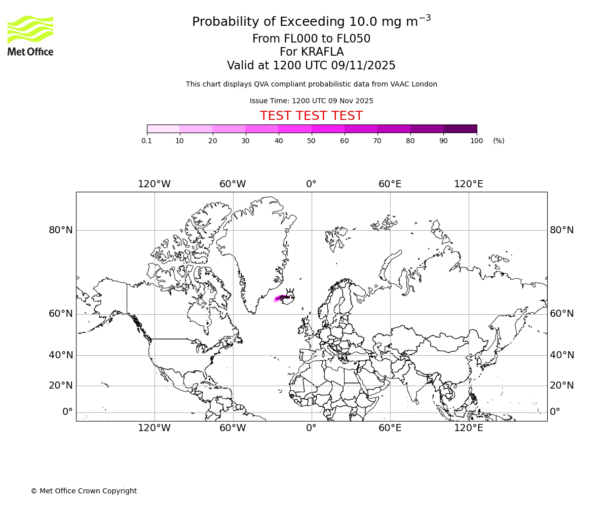 Probability of exceeding 10.0 milligrams per metre cubed. From 000 to 050 for KRAFLA. Valid at 1200 UTC 09/11/2025