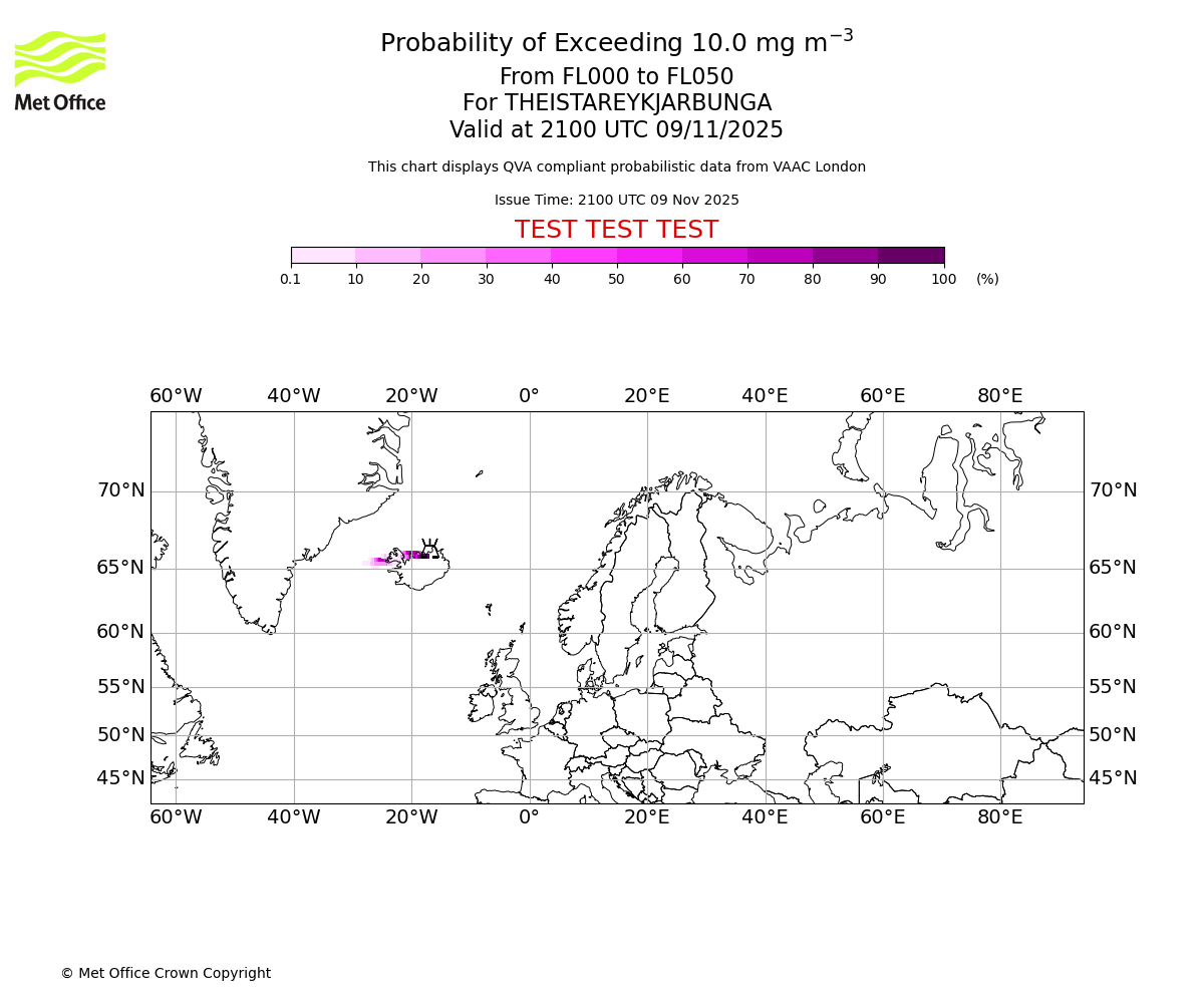 Probability of exceeding 10.0 milligrams per metre cubed. From 000 to 050 for THEISTAREYKJARBUNGA. Valid at 2100 UTC 09/11/2025